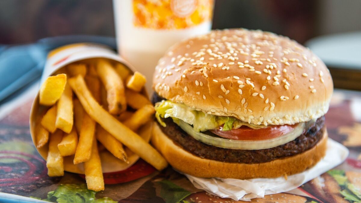 A meatless Impossible Whopper and fries at a Burger King restaurant in Richmond Heights, Mo. The chain announced a test run for the burger, which uses patties from Impossible Foods Inc., in 59 restaurants in the St. Louis area.