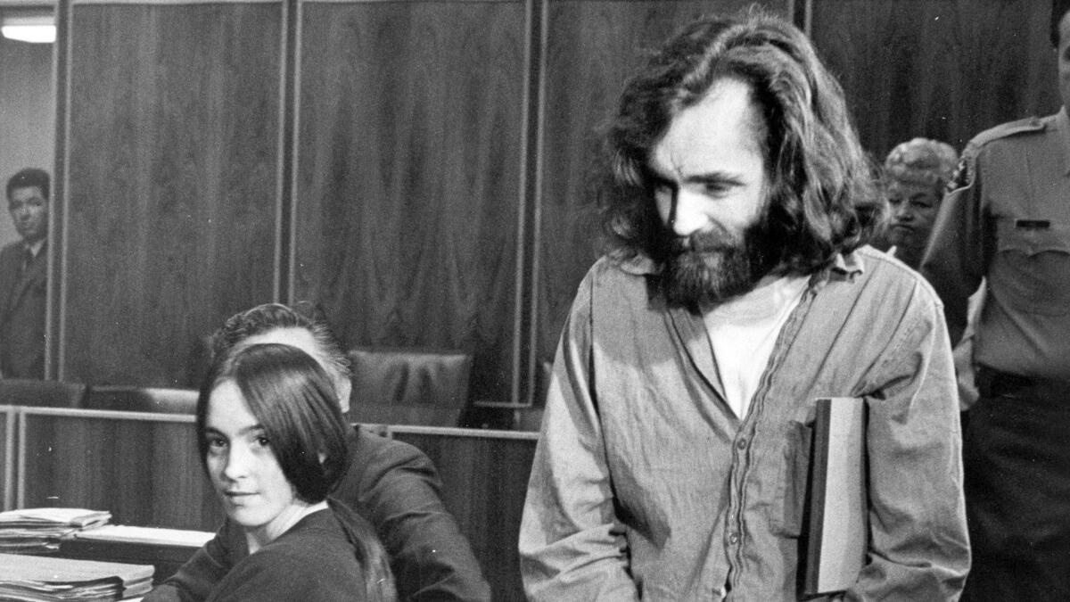 Charles Manson, right, and Manson family member Susan Atkins in court in Santa Monica, 1970.
