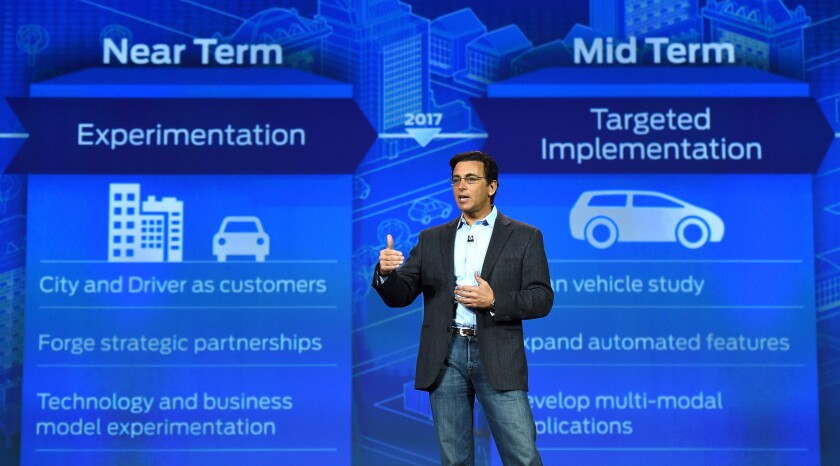 President and CEO of Ford Motor Co. Mark Fields delivers a keynote address at the International Consumer Electronics Show in Las Vegas, Nevada.