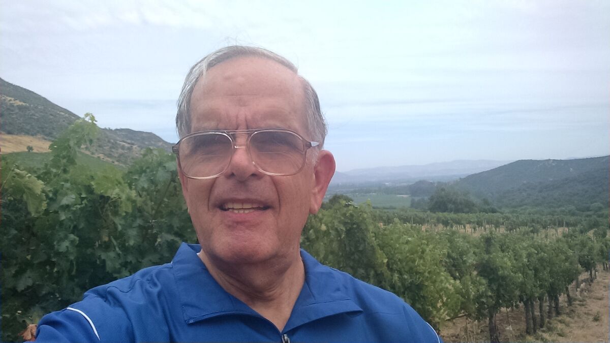 Steve d'Adolf, 77, of Rancho Bernardo takes a selfie at a winery in Santiago, Chile