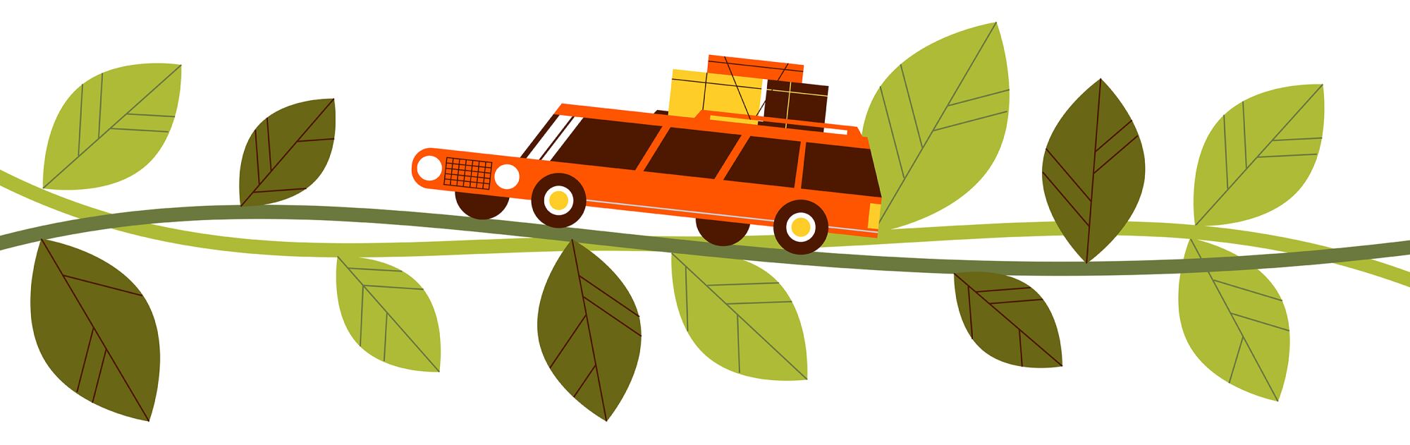 Illustration of a station wagon with boxes strapped to the roof driving across a vine.