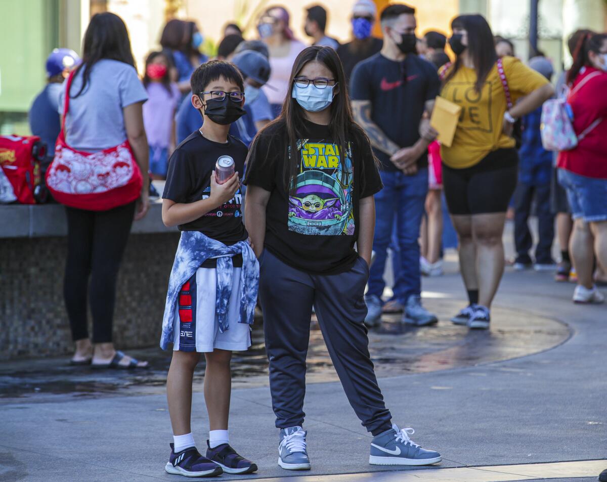 Two people in face masks stand on a sidewalk with a crowd of other people.