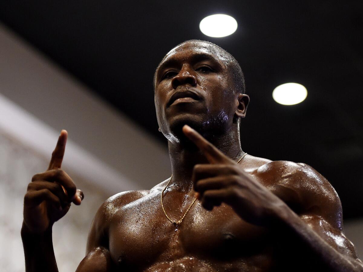 Andre Berto gestures during a workout on Aug. 28, 2015.