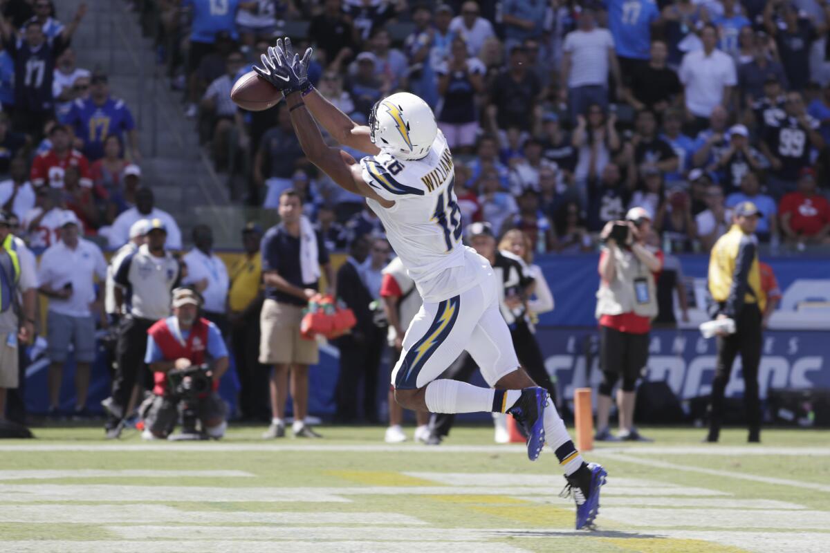 Chargers receiver Mike Williams fails to catch a touchdown pass from Philip Rivers in the fourth quarter against the Chiefs at StubHub Center.