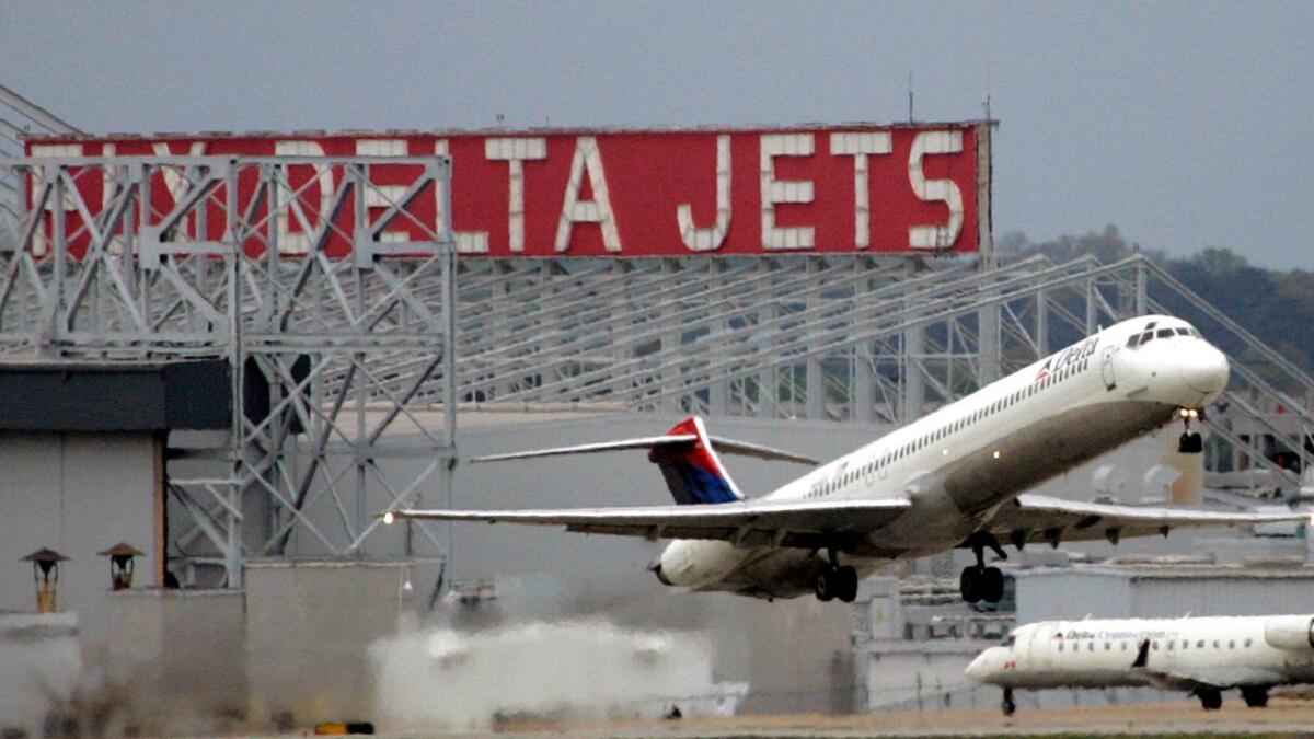 A Delta Airlines jet departs Hartsfield-Jackson Atlanta International Airport in 2008.