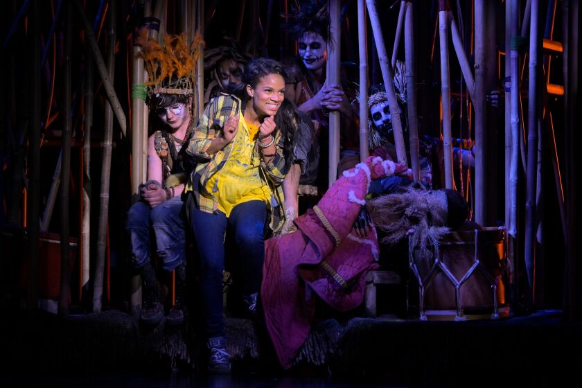 Storm Lever as Wendy with the Lost Boys in La Jolla Playhouse's "Fly."