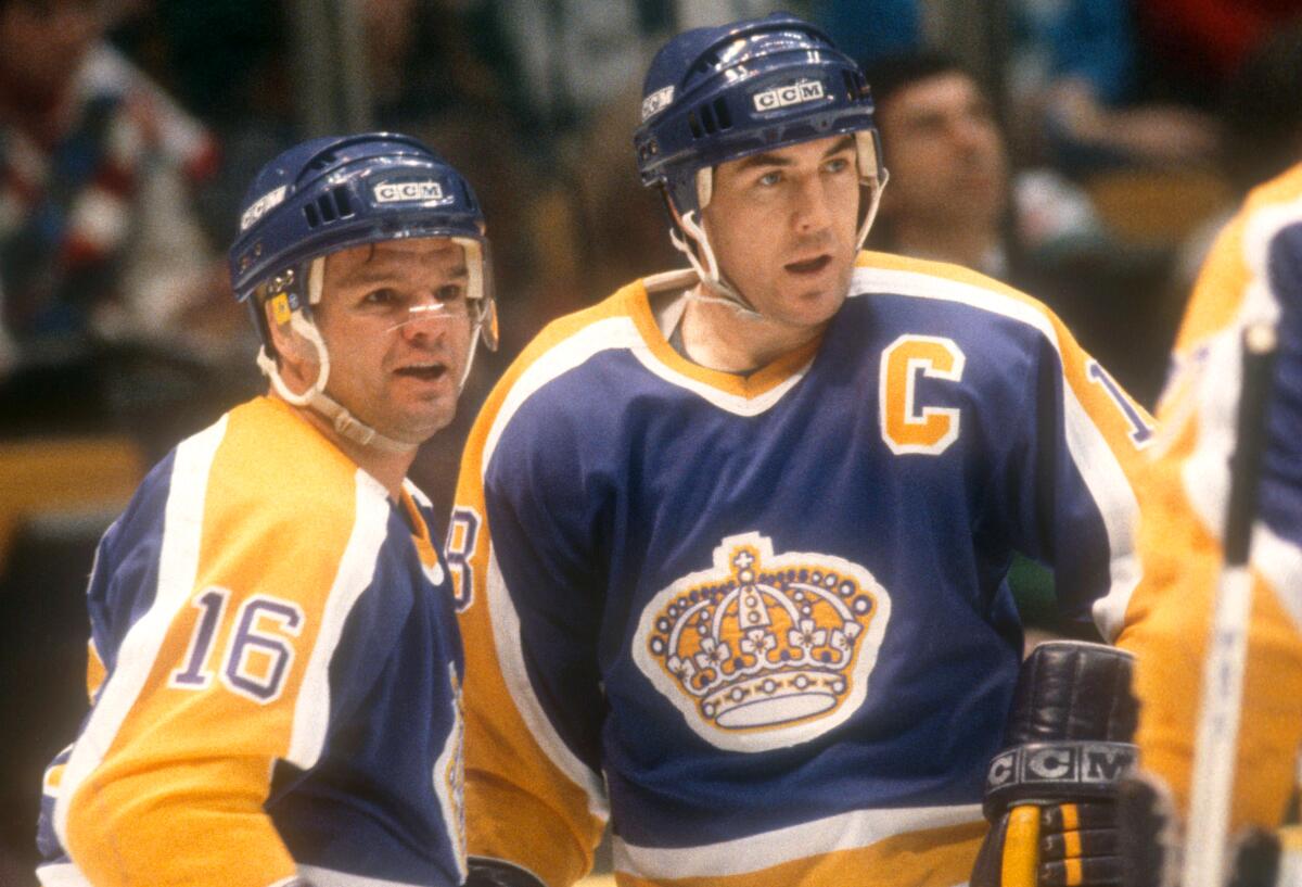 Kings forwards Marcel Dionne, left, and Dave Taylor celebrate a goal against the New Jersey Devils.