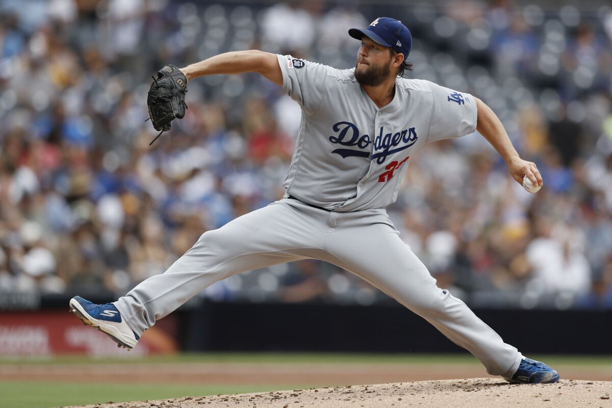 Dodgers starting pitcher Clayton Kershaw works against the San Diego Padres. Kershaw will start in Game 2 of the NLDS against the Washington Nationals.