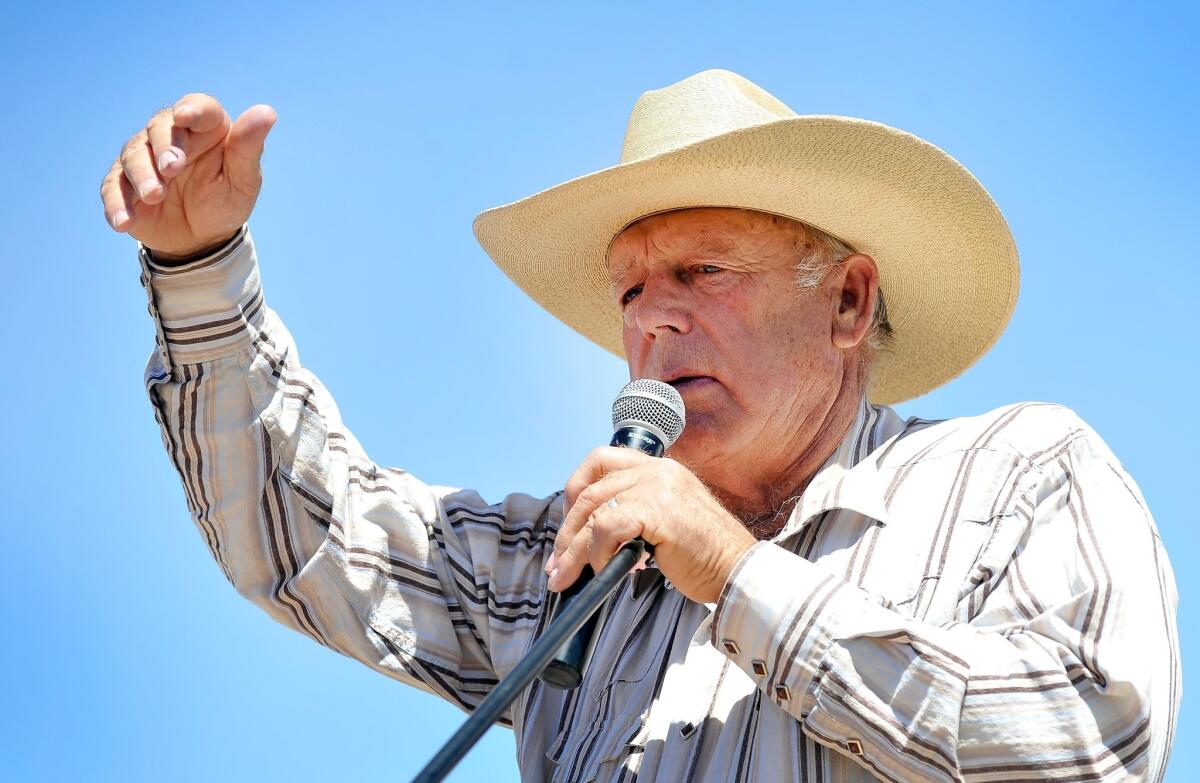 Nevada rancher Cliven Bundy speaks to the media.