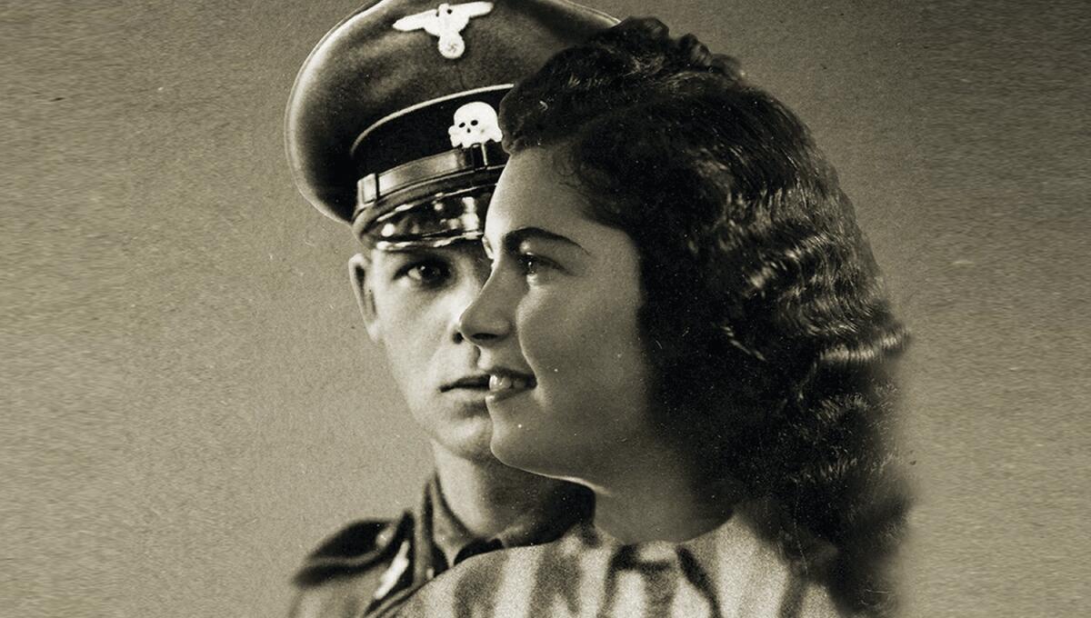 A composite black-and-white image of an SS officer and a woman 