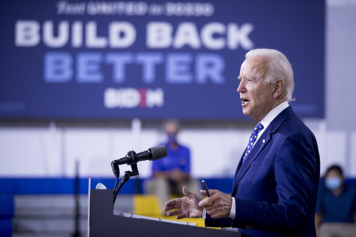 Former Vice President Joe Biden speaks at a campaign event in Wilmington, Del., on  July 28.