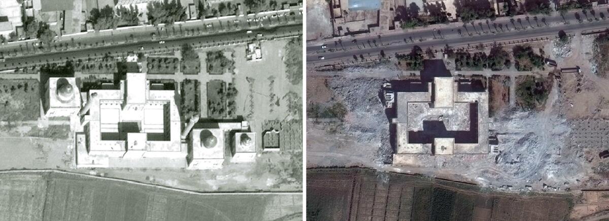 Satellite pictures show the shrine of Uwais al-Qurani and Ammar bin Yasser in the Syrian city of Raqa on Oct. 12, 2011, left, and Oct. 6, 2014. Nearly 300 cultural heritage sites have been destroyed, damaged and looted in Syria since its conflict broke out in 2011, the UN said. Detailed analysis of satellite imagery of 290 locations at these sites showed 24 of them had been destroyed, 104 severely damaged, 85 moderately damaged and 77 possibly damaged.