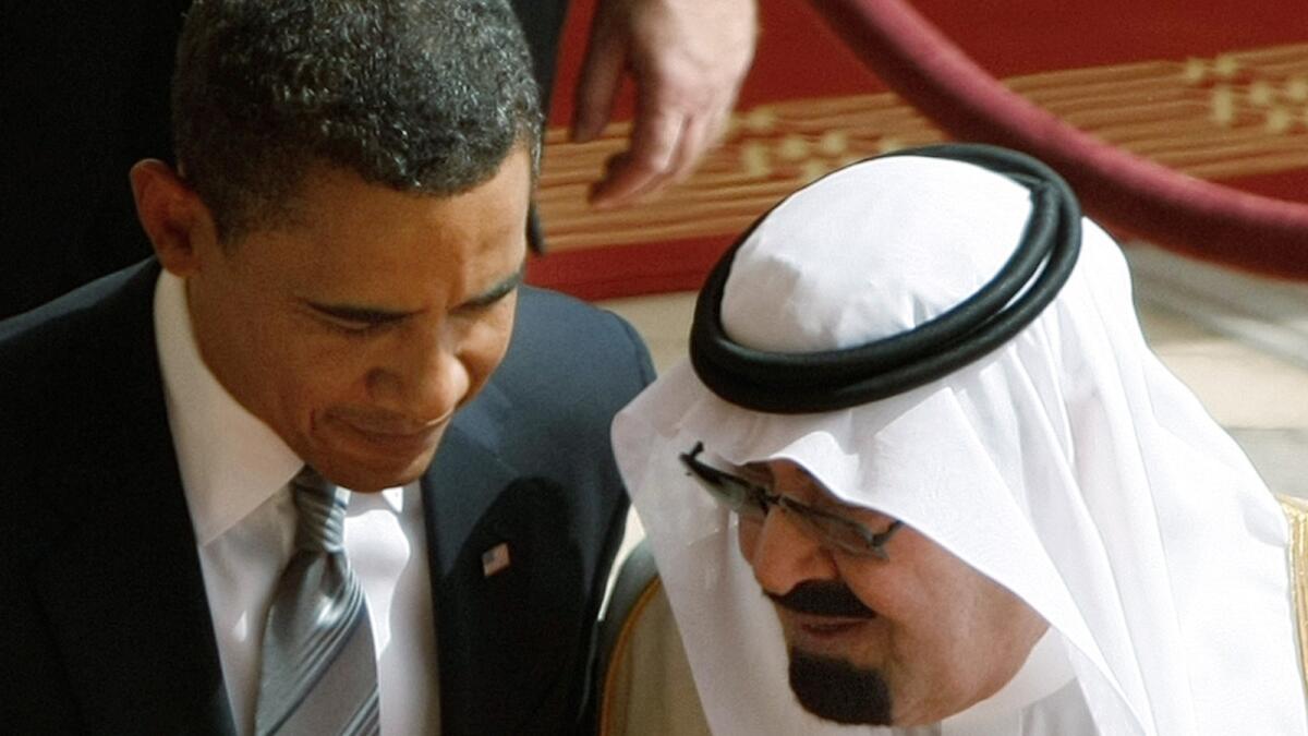 President Obama speaks with Saudi King Abdullah upon arrival in Riyadh in 2009.