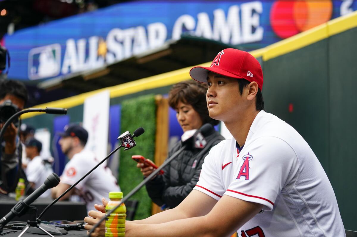 Angels' Shohei Ohtani speaks to media during All-Star game player availability.