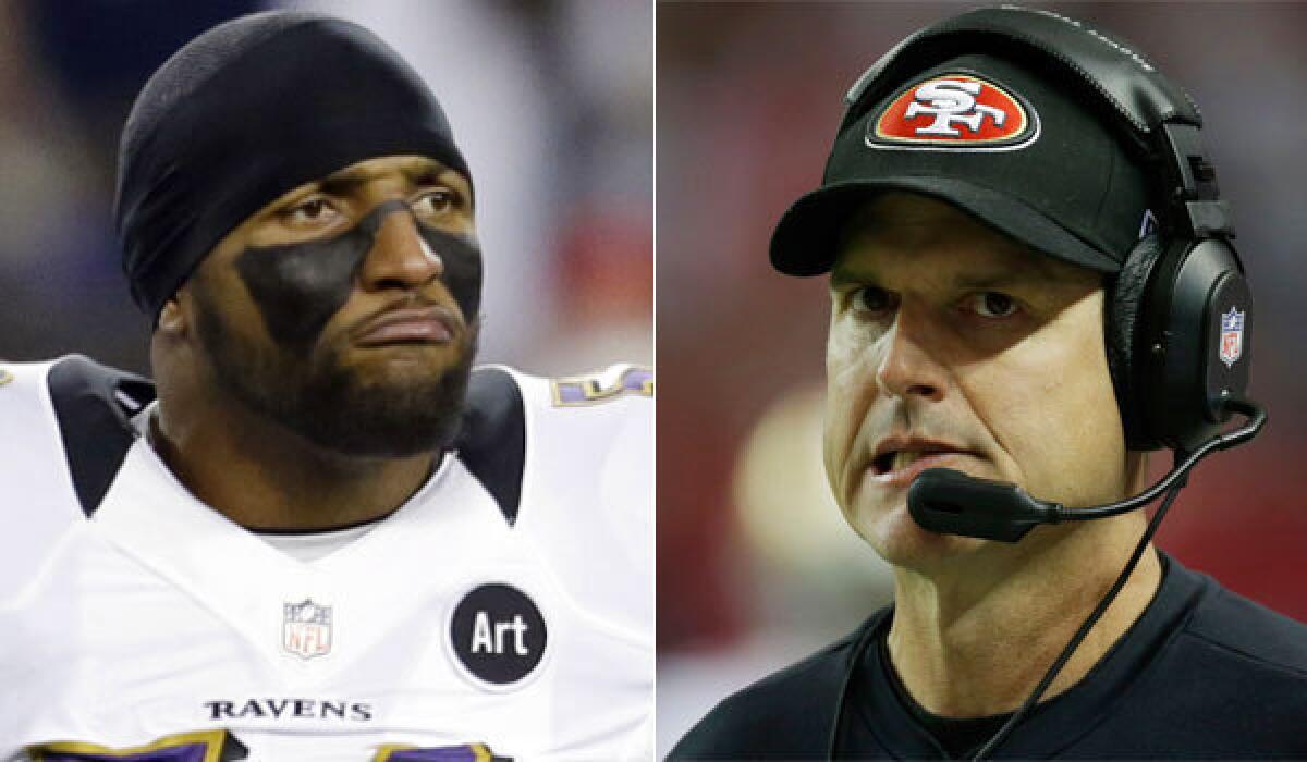 Baltimore Ravens linebacker Ray Lewis, left, registered his first NFL sack against Jim Harbaugh in 1996, when the current San Francisco 49ers coach was quarterback for the Indianapolis Colts.