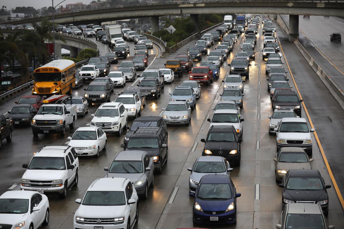 Traffic backs up on Interstate 5 near downtown San Diego in December 2019.