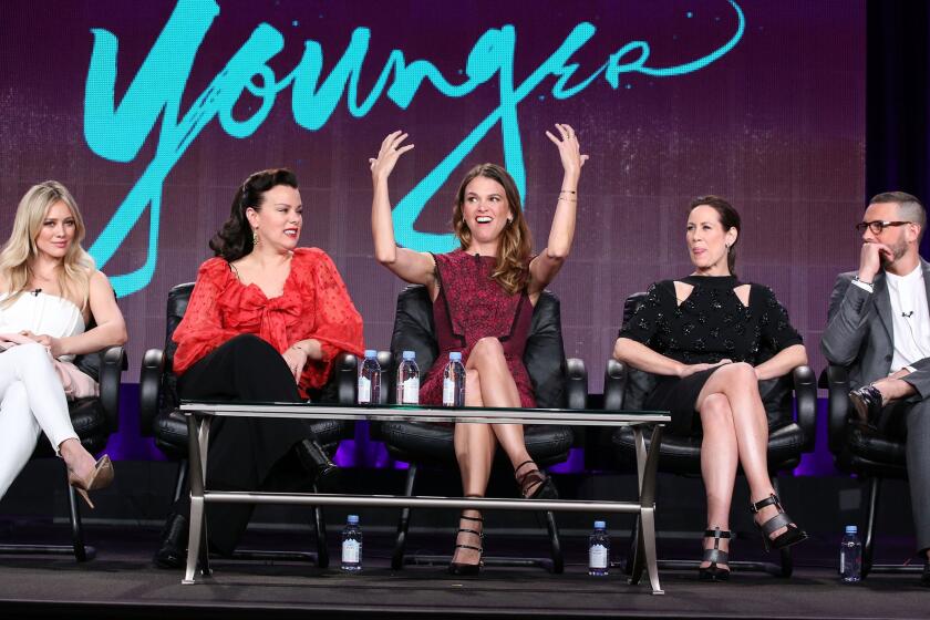 Actresses Hilary Duff, Debi Mazar, Sutton Foster, Miriam Shor and Nico Tortorella during the "Younger" panel.