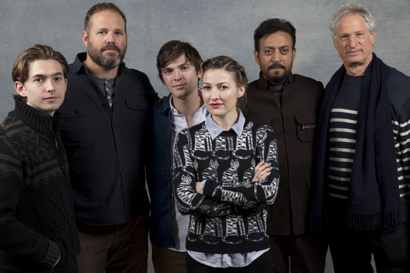 Actor Austin Abrams, left, actor David Denman, actor Bubba Weiler, actress Kelly Macdonald, actor Irrfan Khan and writer-director Marc Tutrletaub, from the film "Puzzle."