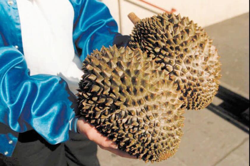 Durian imported to Seattle from Southeast Asia. The smelly fruit made an appearance on McDonald's kiosk menus in Singapore.