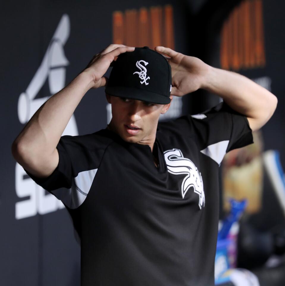 After announcing he likely needs Tommy John surgery, White Sox starting pitcher Michael Kopech adjusts his cap before a game against the Los Angeles Angels at Guaranteed Rate Field Friday, Sept. 7, 2018, in Chicago.