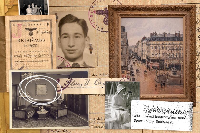 collage of artifacts showing Pisarro painting, photo of Lilly Cassirer, and passport of Claude Cassirer.