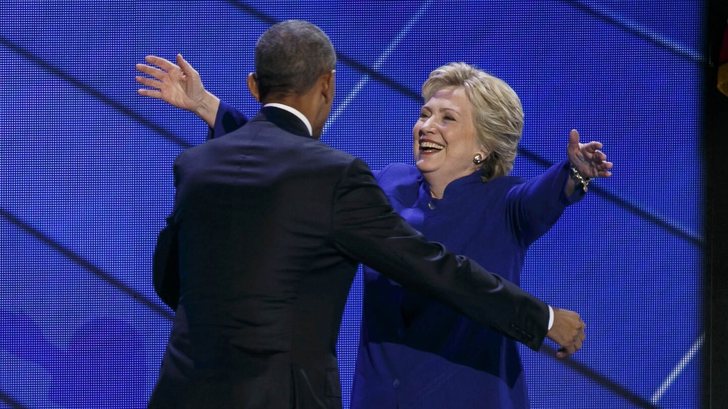 President Barack Obama hugs the Democratic nominee for President, Hillary Clinton, at the 2016 Democratic National Convention in Philadelphia.