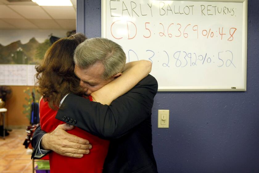 Arizona Rep. David Schweikert hugs wife Joyce in reaction to early election results from his campaign headquarters in Phoenix.
