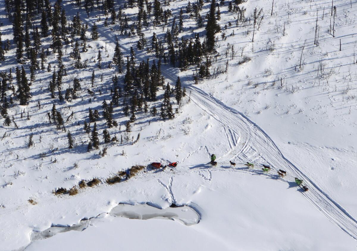 Ryan Redington, right, with his team in harness, stops near a team bedded down near the trail as the Iditarod Trail Sled Dog Race headed toward the Rohn checkpoint Saturday, March 13, 2021. (Zachariah Hughes/Anchorage Daily News via AP, Pool)