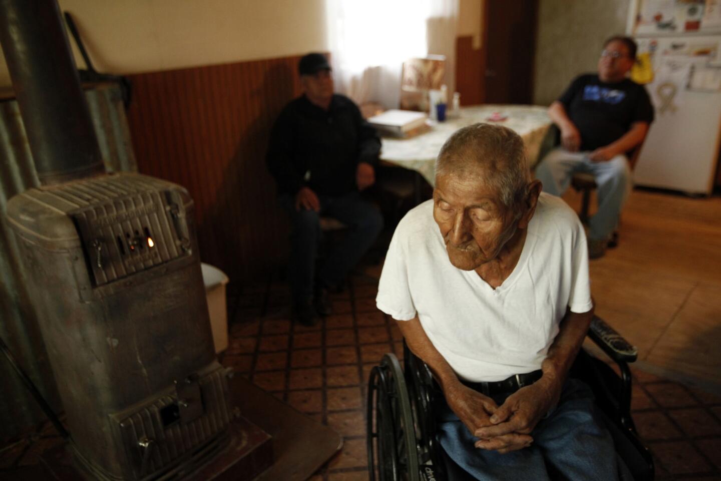 World War II veteran Tom Jones Jr., 89, was a Navajo code talker. The house he received as a veteran hasn't been maintained; its only heat source is a wood-burning stove, and the hall is too narrow to accommodate his wheelchair.