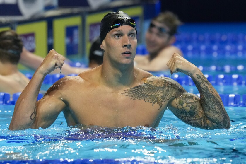 Caeleb Dressel reacts after winning a 100-meter freestyle heat at the U.S. Olympic swimming trials on June 17.