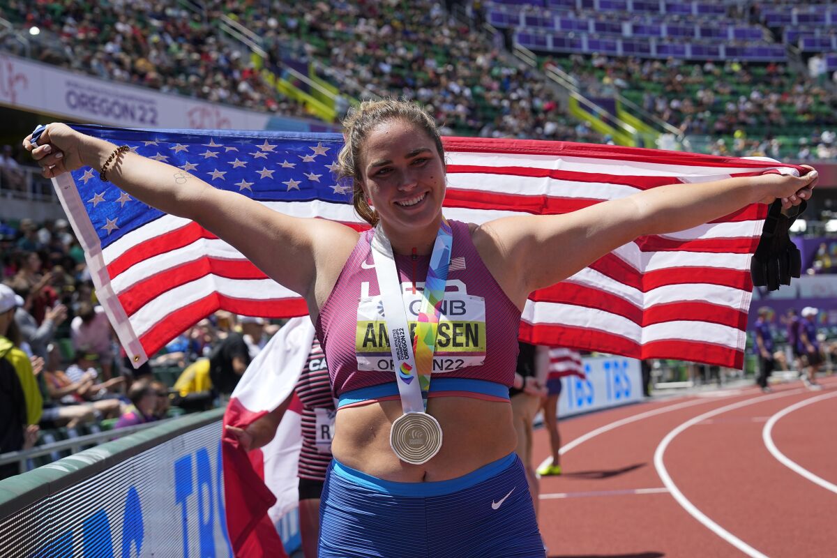 Gold medalist Brooke Andersen, of the United States, celebrates after the women's hammer throw final.