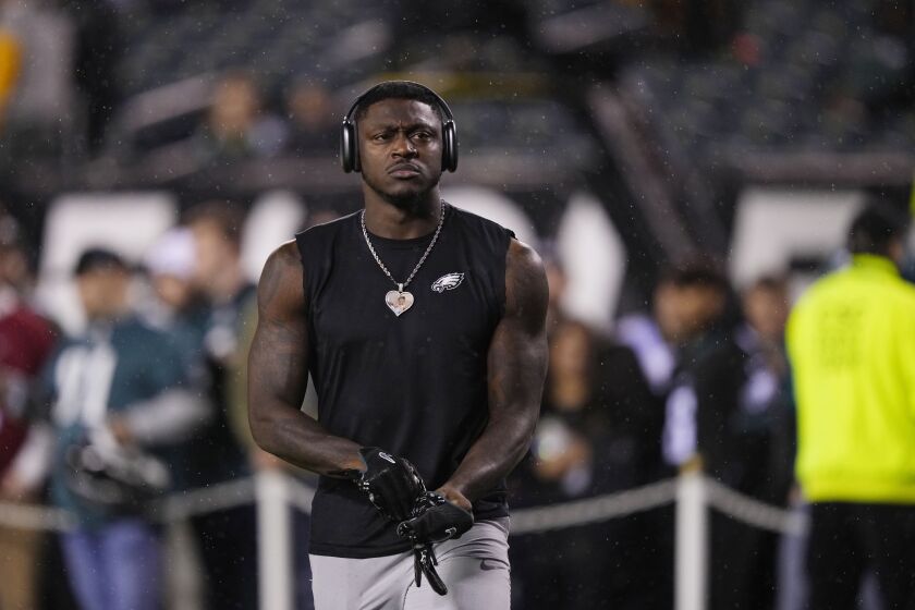 FILE - Philadelphia Eagles' A.J. Brown warms up before an NFL football game against the Green Bay Packers on Nov. 27, 2022, in Philadelphia. Seven-time Pro Bowl receiver Green has decided to retire after 12 seasons in the NFL. (AP Photo/Matt Slocum, File)