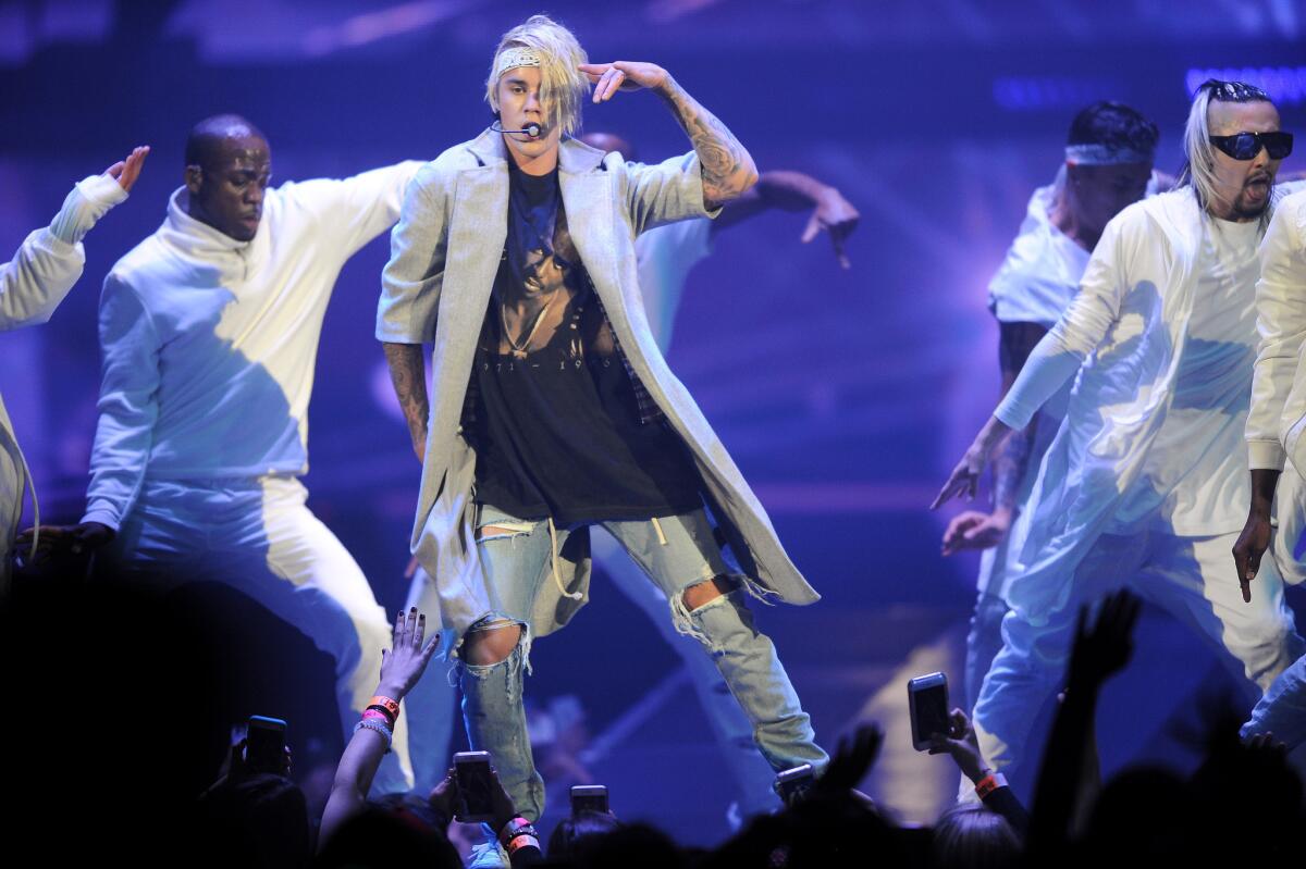 Justin Bieber performs at Staples Center on Sunday.
