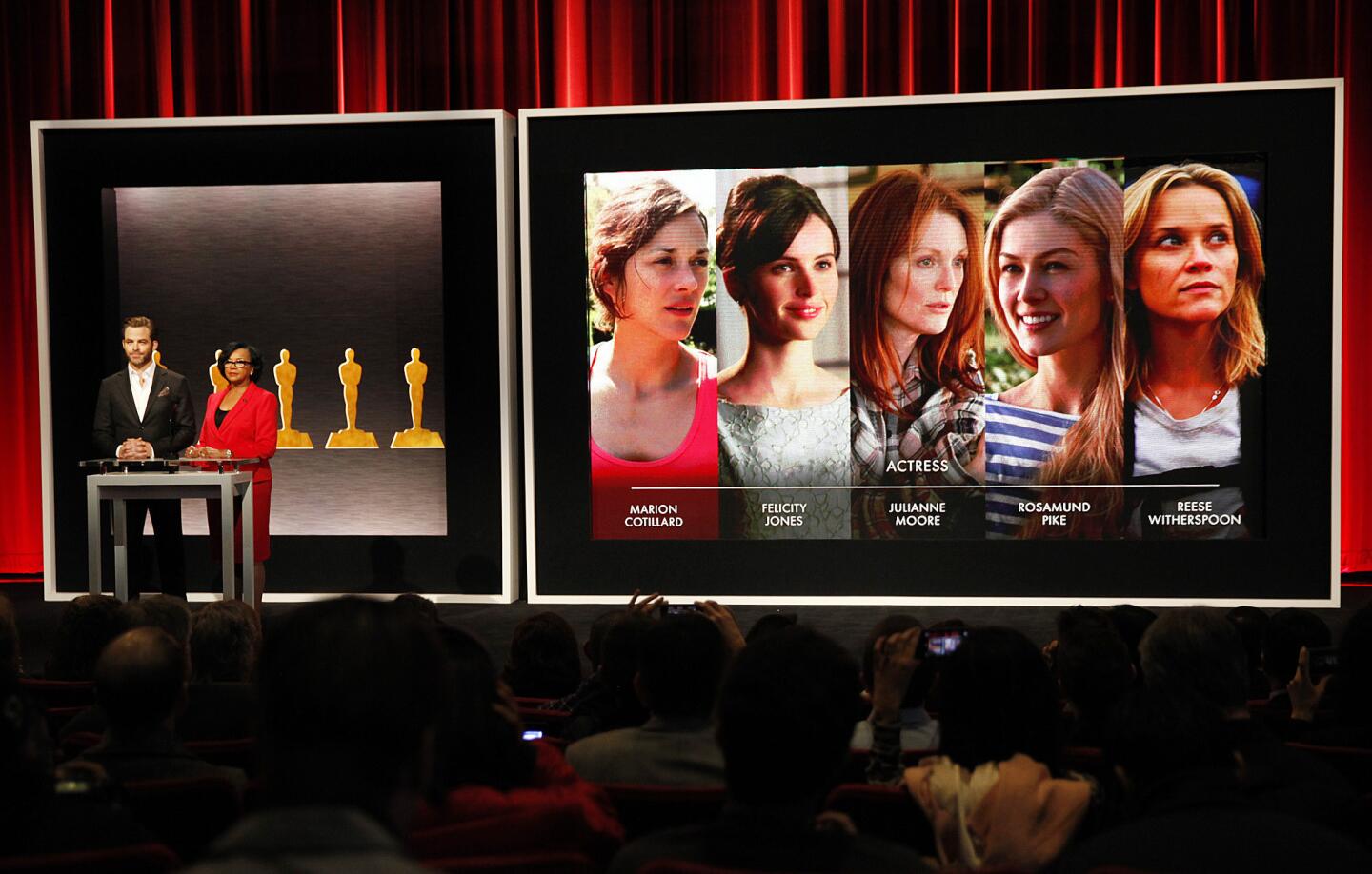 Lead actress nominees are shown as Chris Pine and Academy President Cheryl Boone Isaacs announce the nominations.