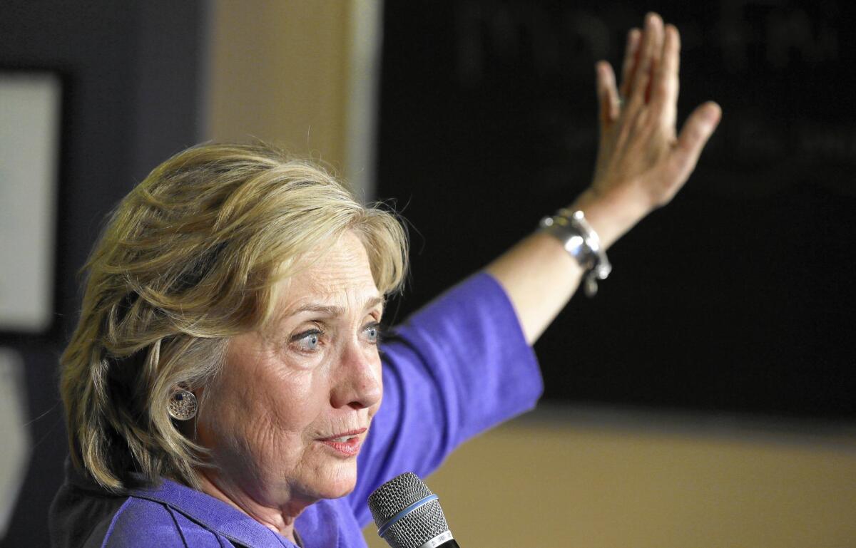 Democratic presidential candidate Hillary Rodham Clinton speaks during a campaign stop in Newton, Iowa, on Sunday.