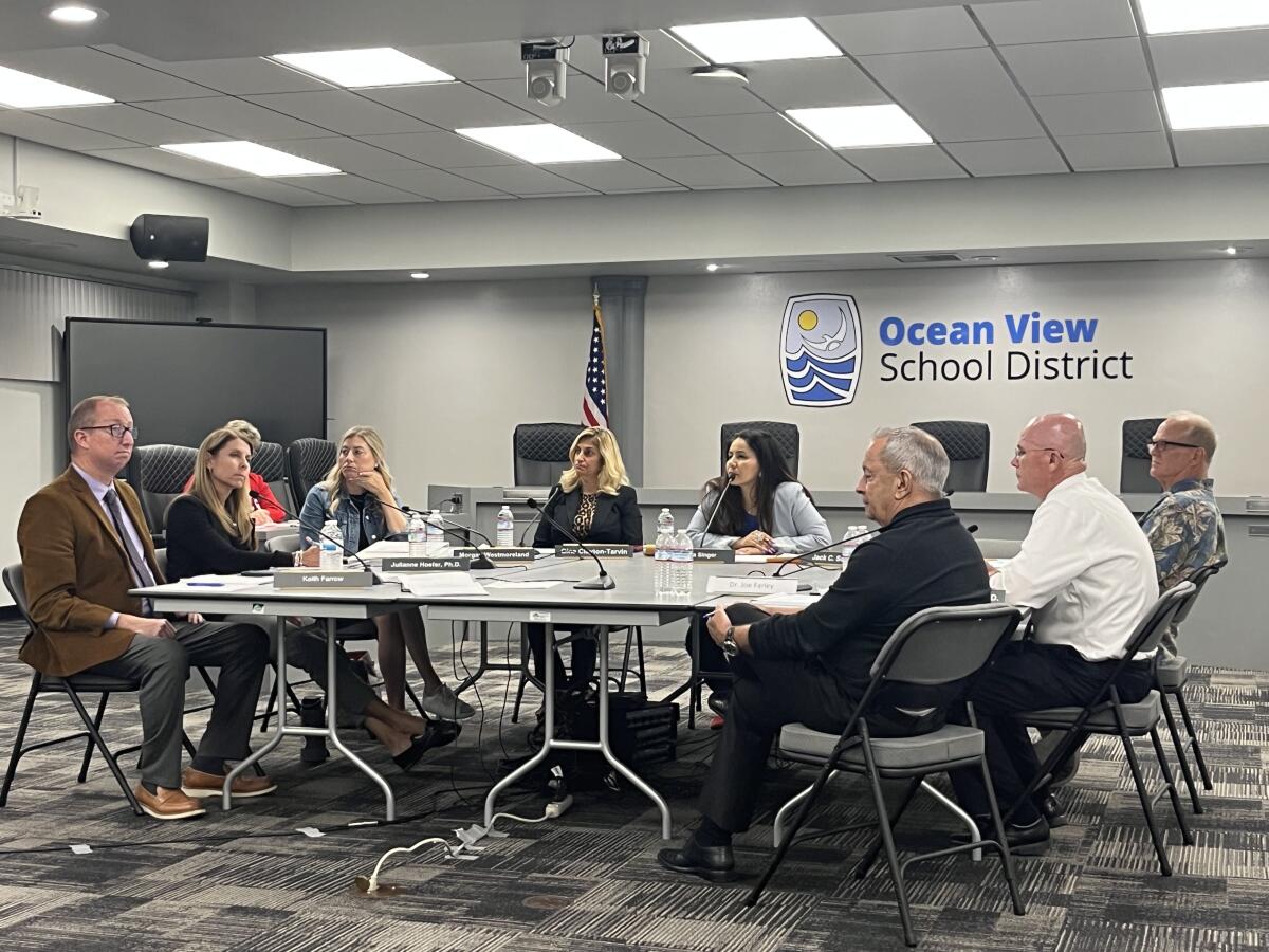 Ocean View School District Board of Trustees and administration listen to public comments at Thursday's special meeting.