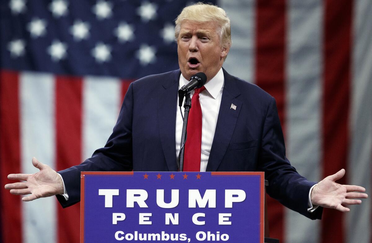 Republican presidential candidate Donald Trump speaks during a town hall event in Columbus, Ohio.