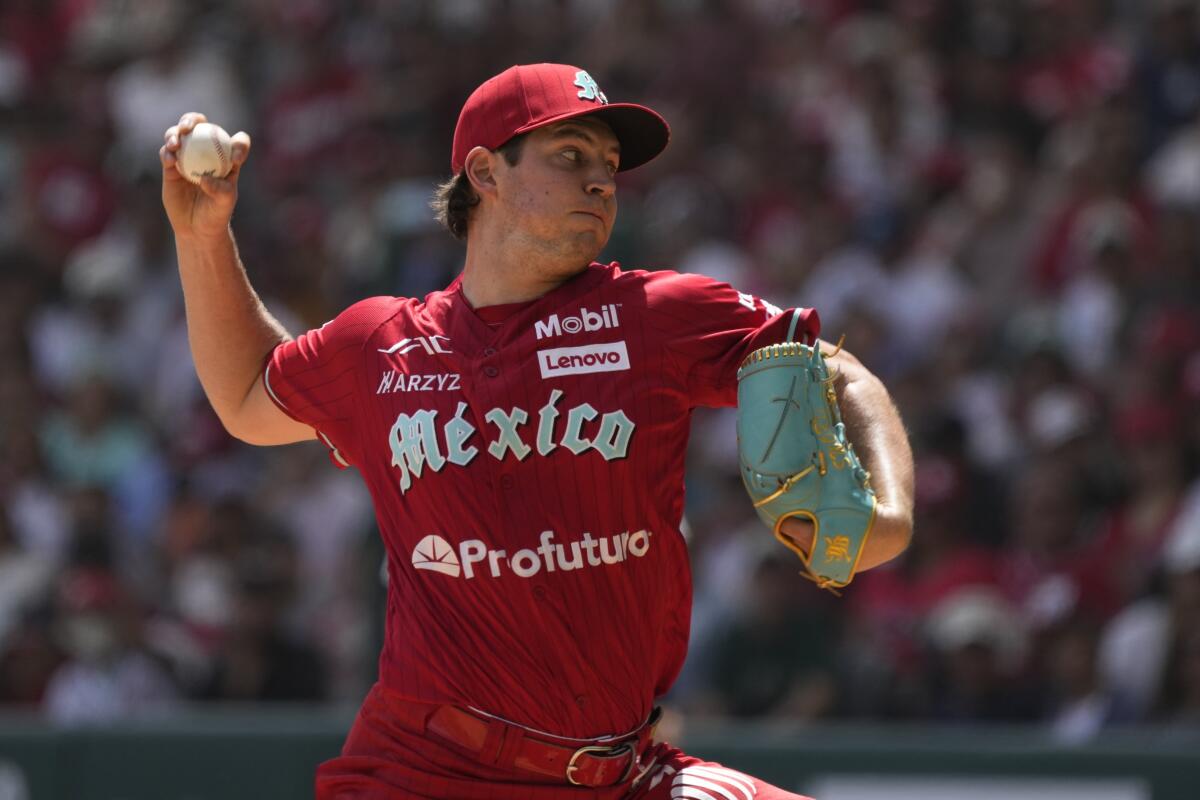Trevor Bauer pitches for the Mexico City Red Devils during an exhibition game against the New York Yankees last month.