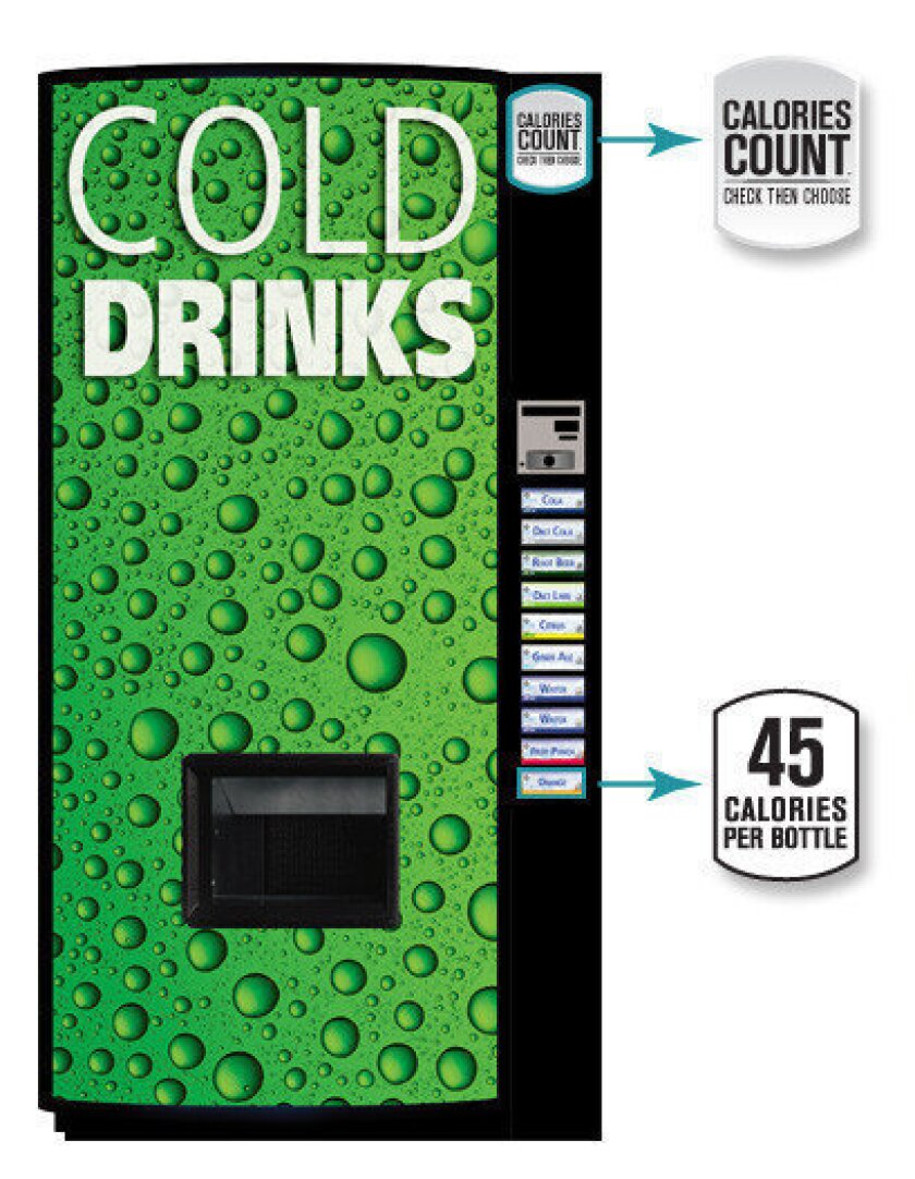 A new soda vending machine that will allow customers to see the calorie counts on selection buttons.