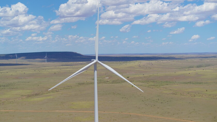 This undated image provided by Pattern Energy shows one of the wind turbines that makes up the Western Spirit Wind project in central New Mexico. The company announced Thursday, Jan. 6, 2022, that work on the project is complete and commercial operations have begun. (Pattern Energy via AP)