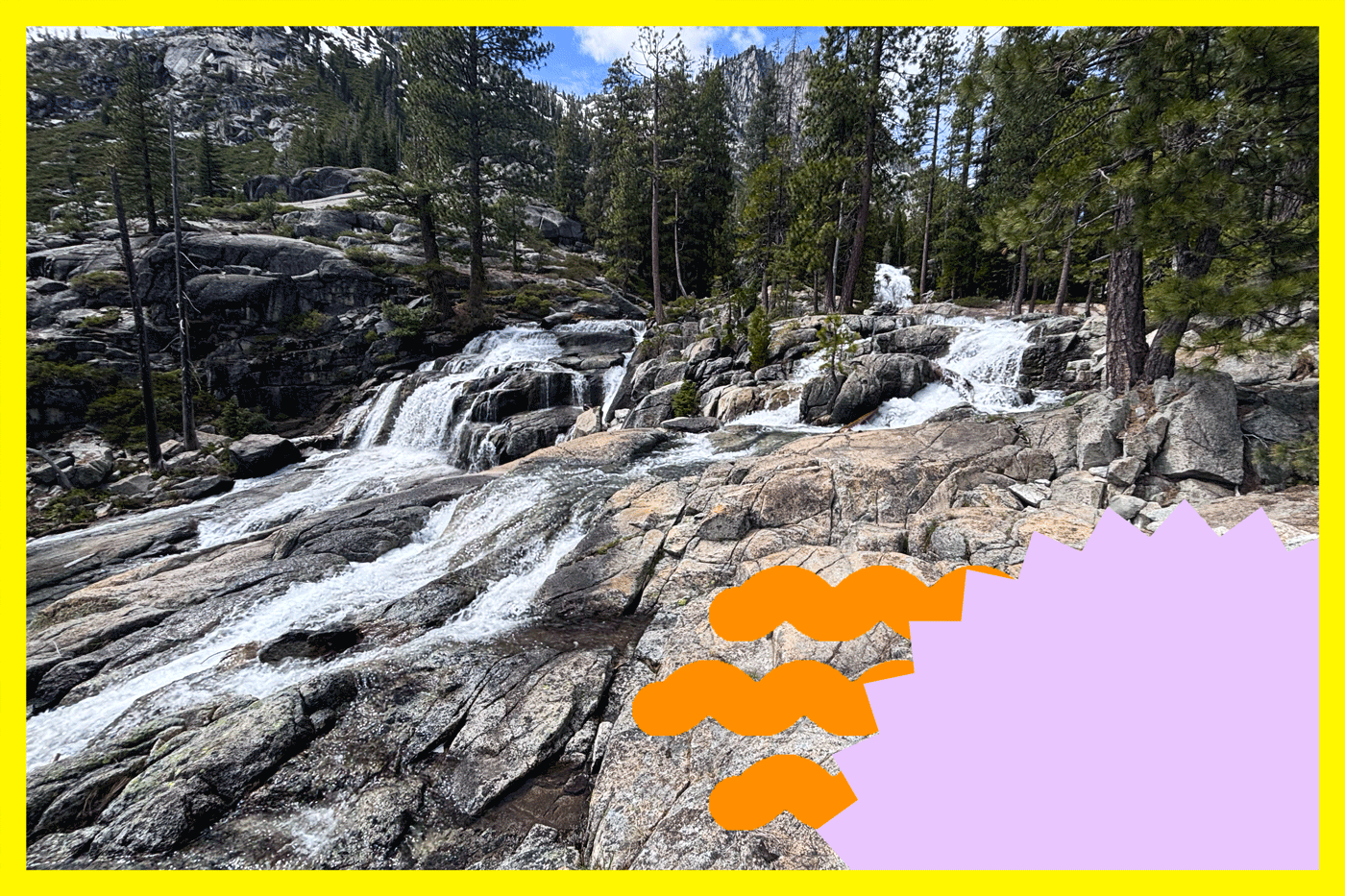Animated squiggles and sunburst laid over an image of cascading upper falls at Canyon Creek.