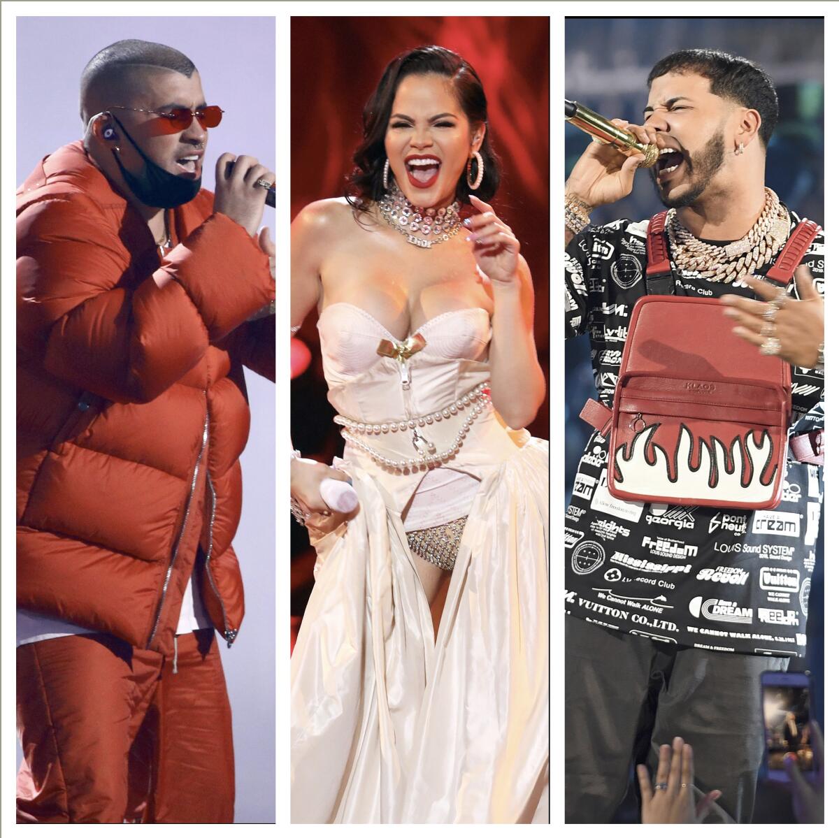 Bad Bunny, izquierda, Natti Natasha y Anuel AA