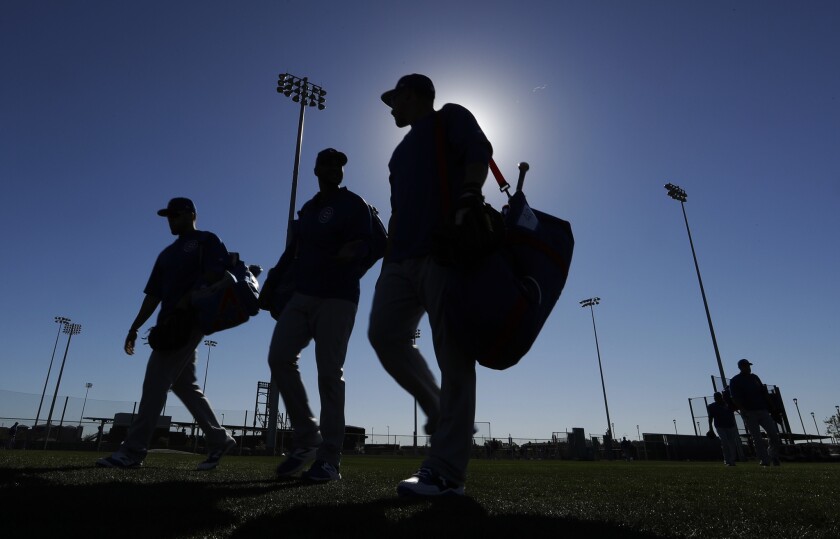 Players make their way to a field during spring training.