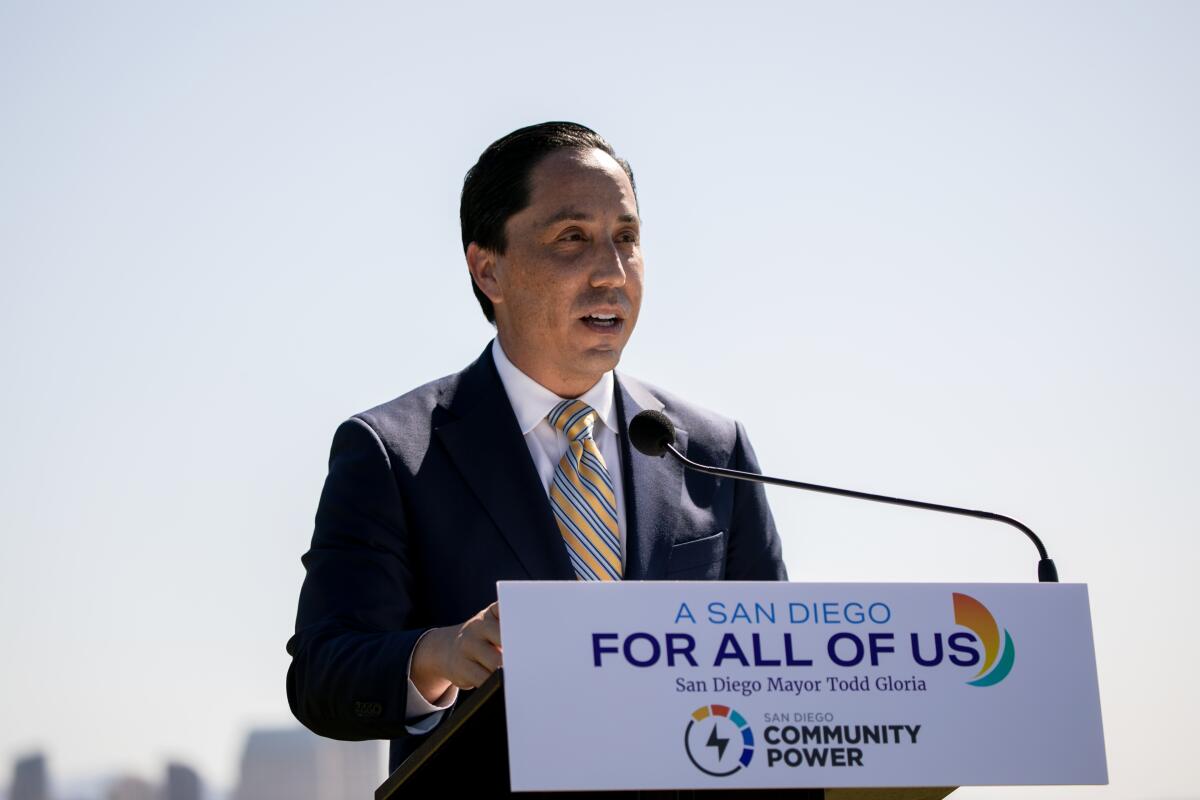 San Diego Mayor Todd Gloria speaks at a press conference announcing the rollout of San Diego Community Power.