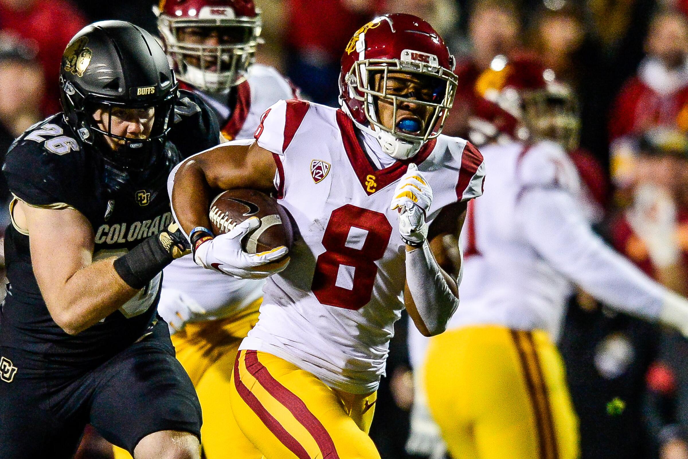 USC receiver Amon-Ra St. Brown scores a touchdown against Colorado during a 2019 game.