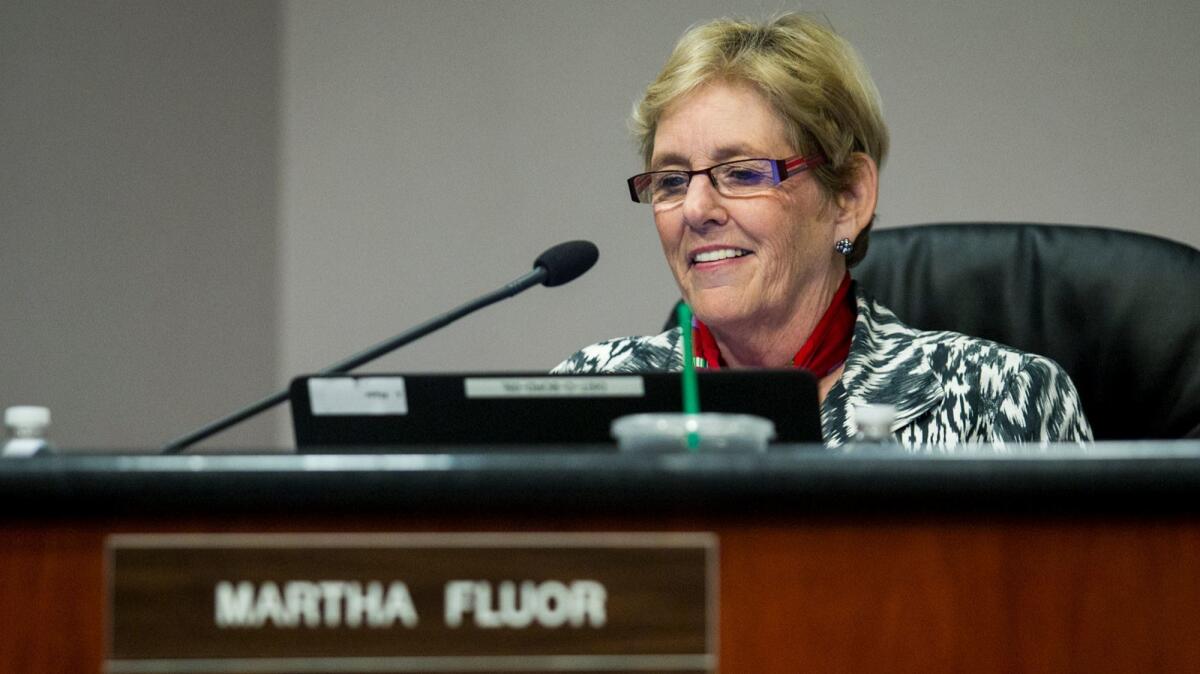 Martha Fluor, in a 2014 photo, has served on the Newport-Mesa Unified School District board for 26 years.