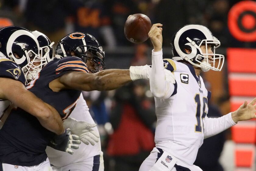 CHICAGO, IL - DECEMBER 09: Quarterback Jared Goff #16 of the Los Angeles Rams gets the football stripped by Khalil Mack #52 of the Chicago Bears in the third quarter at Soldier Field on December 9, 2018 in Chicago, Illinois. (Photo by Jonathan Daniel/Getty Images) ** OUTS - ELSENT, FPG, CM - OUTS * NM, PH, VA if sourced by CT, LA or MoD **