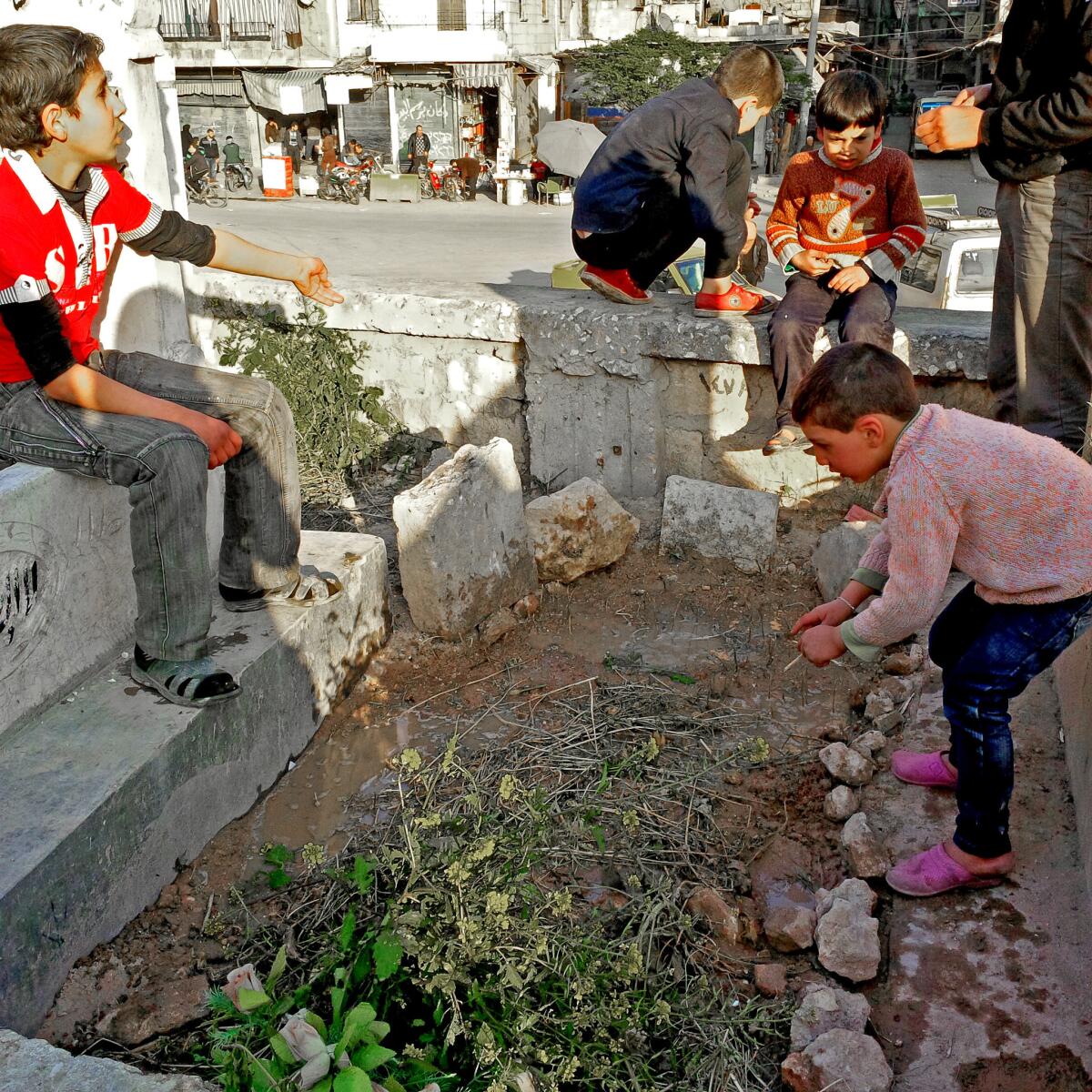 Children water their father's grave in hopes of getting more of the yellow flowers to bloom there.