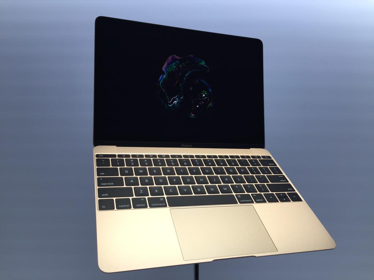 Apple's gold MacBook on display at the company's special event in San Francisco on Monday.