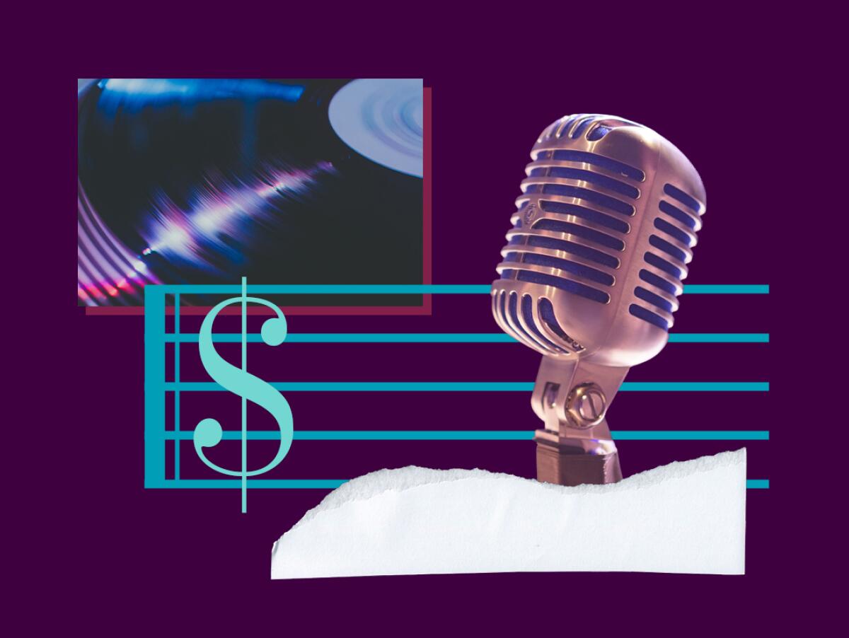 collage of a vinyl record, microphone, and music staff with a dollar sign in place of a clef
